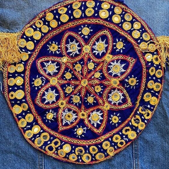 Custom Denim Jean Jacket Shacket Mandala Festival Fringe Embroidered Bohemian Me - Picture 6 of 8